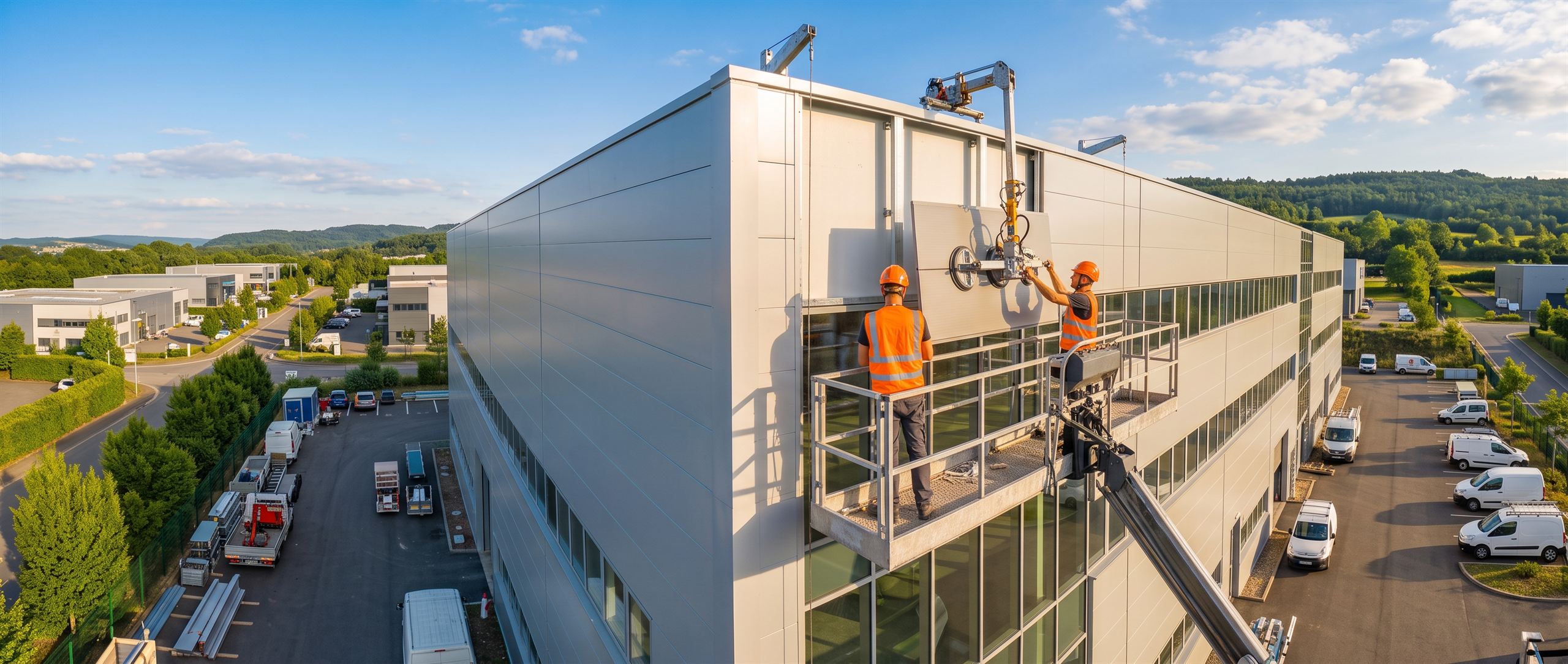 Vue aérienne d'un chantier de bardage sur un bâtiment d'activité : deux poseurs en casque et gilet haute visibilité, sur une nacelle à garde-corps complets, guident un panneau sandwich tenu par une pince à ventouses sur bras de manutention ; zone d'activité, arbres et collines à l'horizon