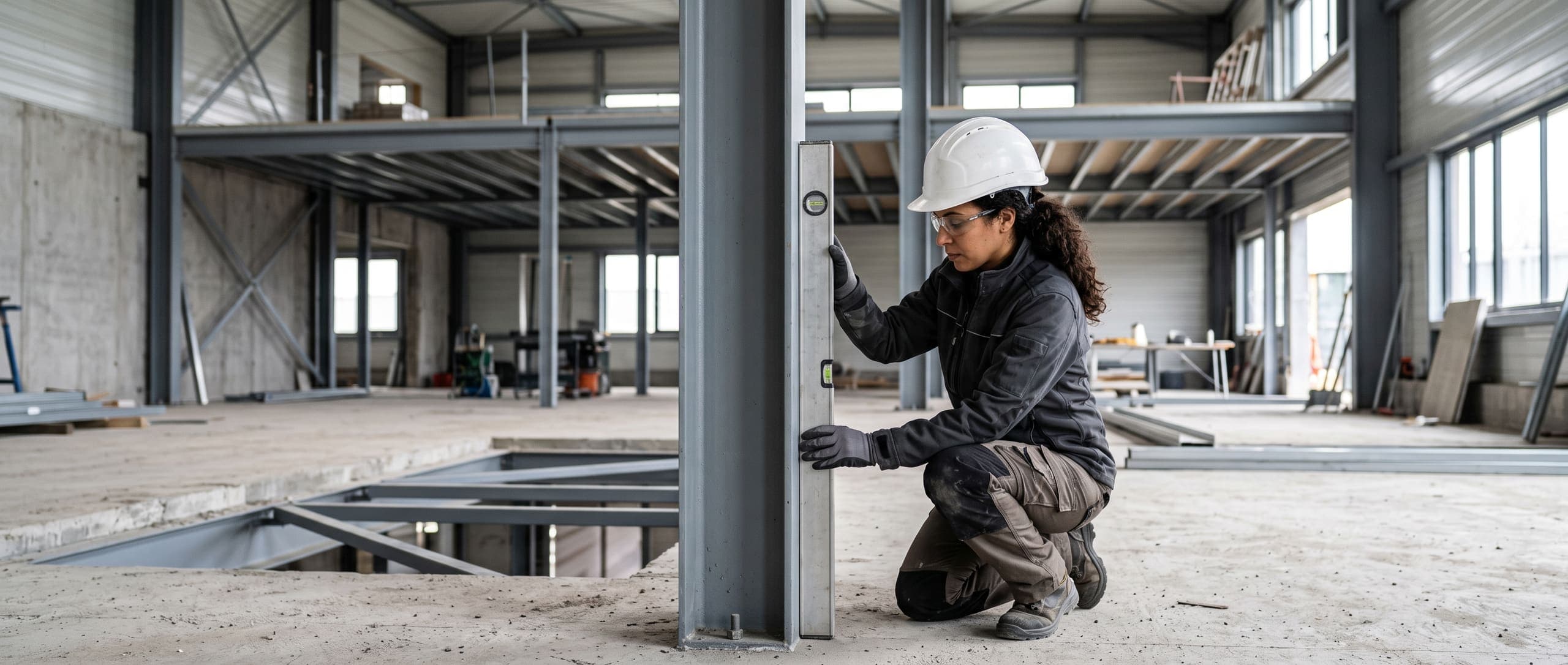 Ouvrière vérifiant l'aplomb d'un poteau de structure mezzanine au niveau à bulle, dans un entrepôt en cours d'aménagement