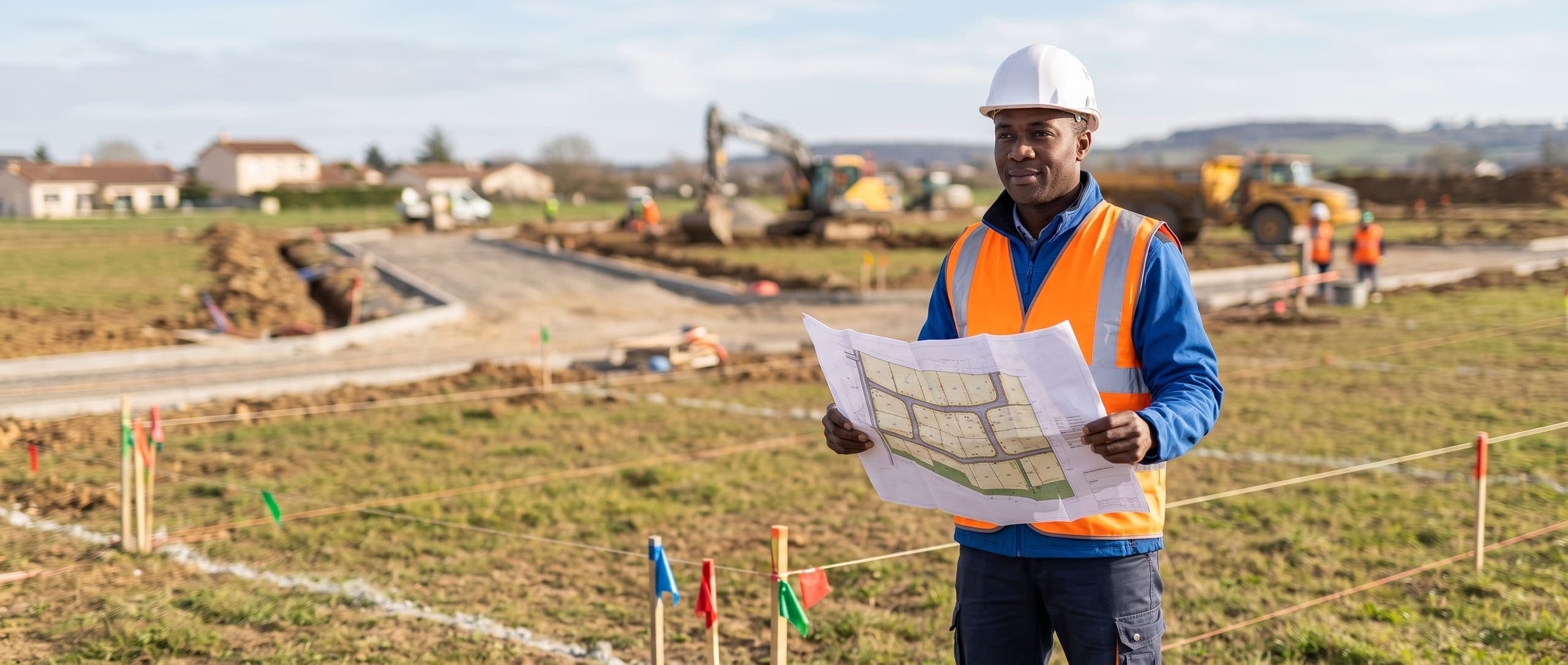 Aménageur-lotisseur consultant un plan de lotissement sur un terrain viabilisé délimité par des piquets, engins de terrassement à l'arrière-plan