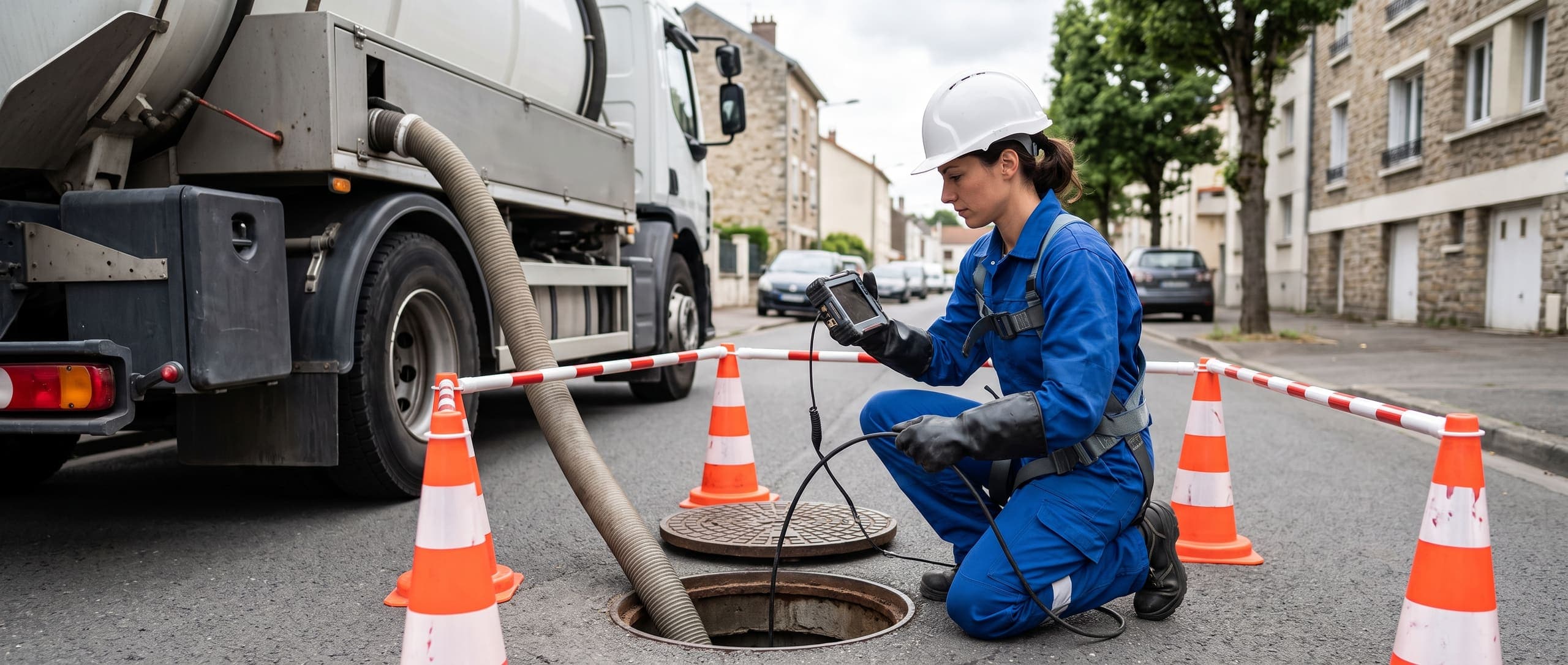 Technicienne d'assainissement inspectant un regard d'égout à la caméra, camion hydrocureur et balisage en place