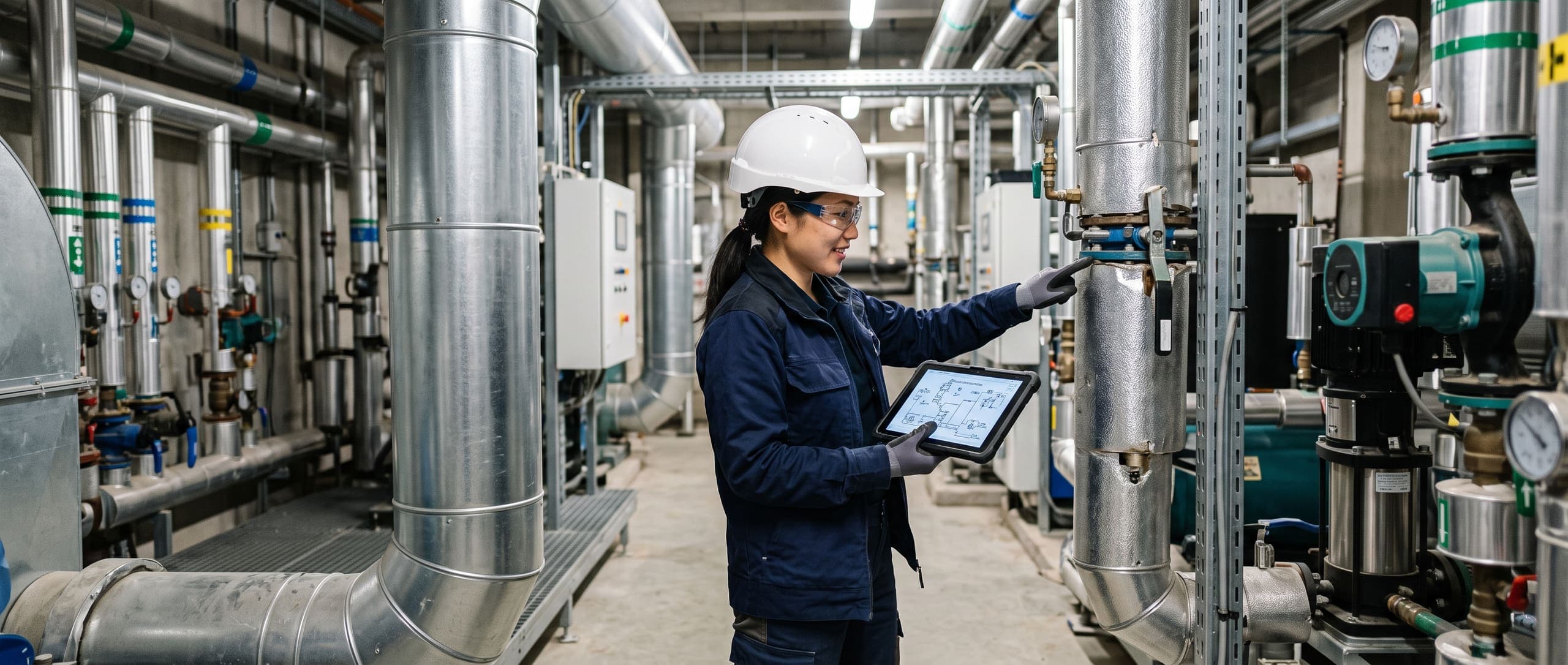 Ingénieure fluides inspectant la tuyauterie et les gaines de ventilation d'un local technique, tablette avec schéma CVC à la main