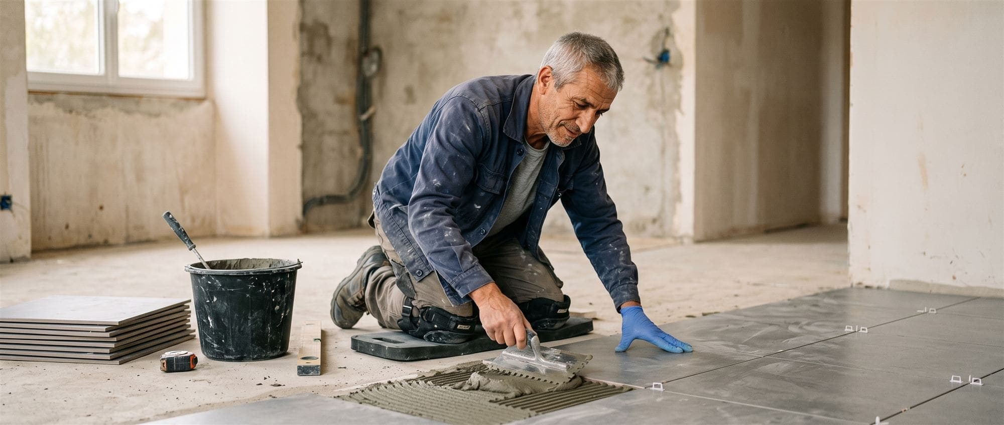 Carreleur posant des carreaux de sol à la spatule crantée dans une pièce en rénovation