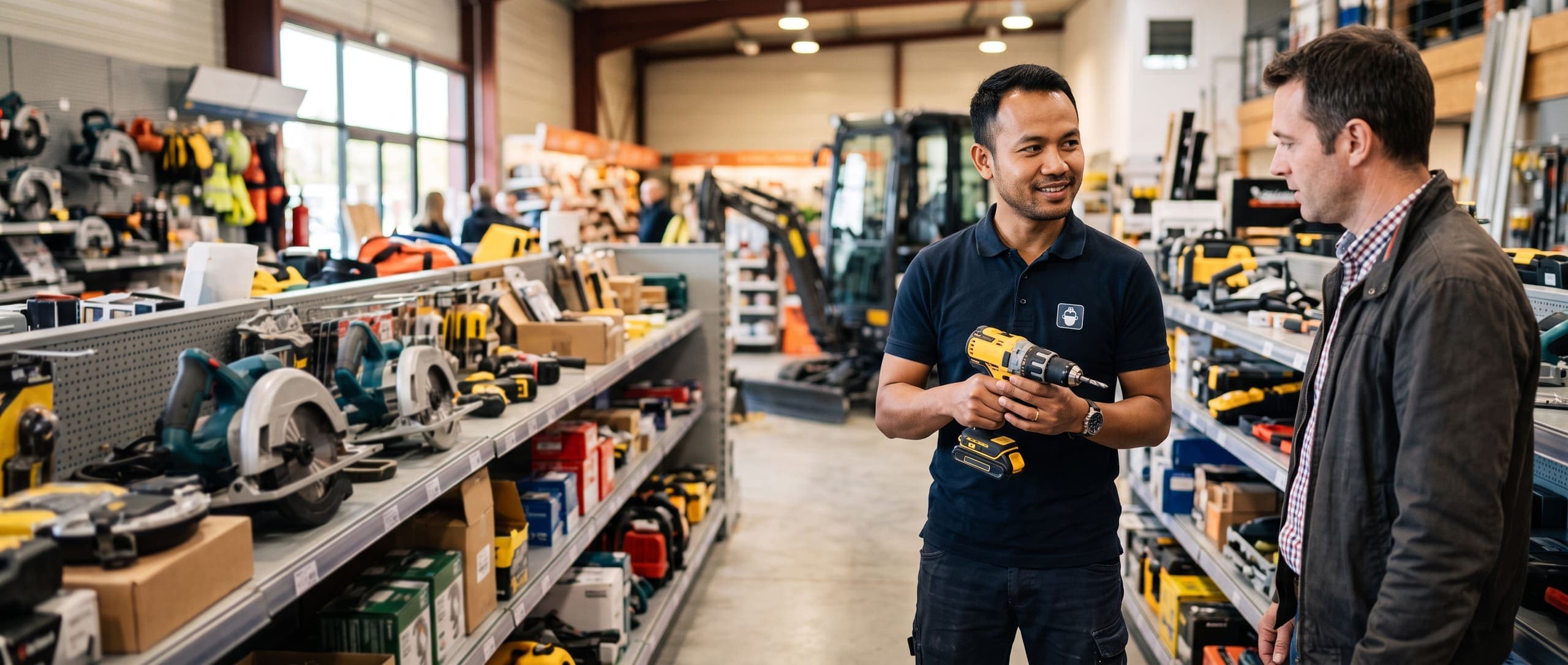 Vendeur présentant une perceuse-visseuse à un client dans un showroom de matériel BTP, rayonnages d'outils et mini-pelle à l'arrière-plan