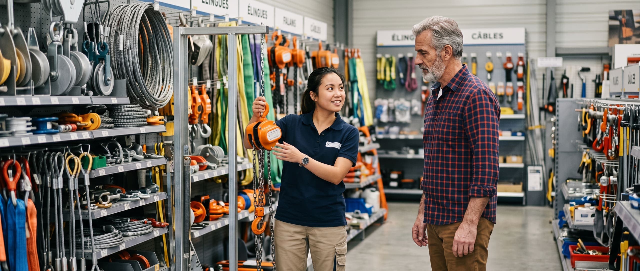 Vendeuse présentant un palan à chaîne à un client dans un magasin de matériel de levage, rayonnages d'élingues et de câbles à l'arrière-plan