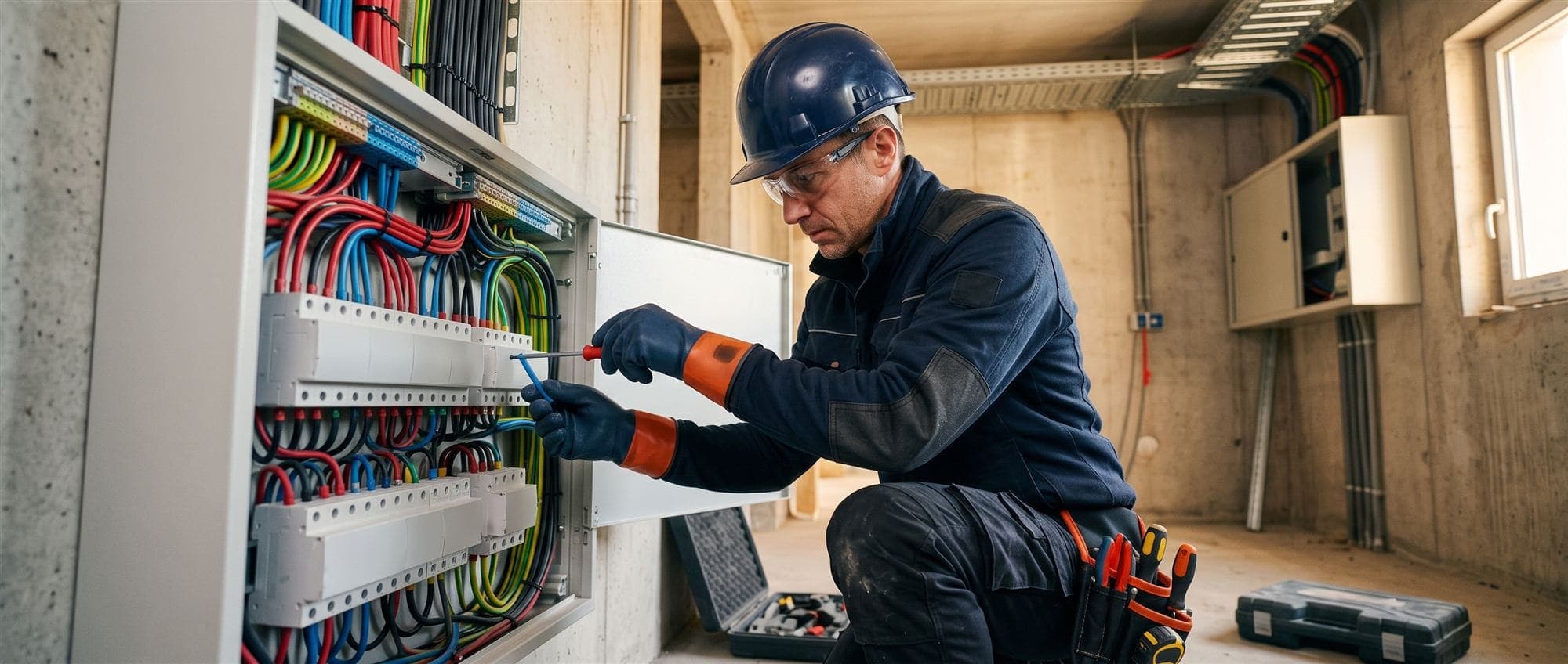 Électricien câblant un tableau électrique dans un local technique en construction