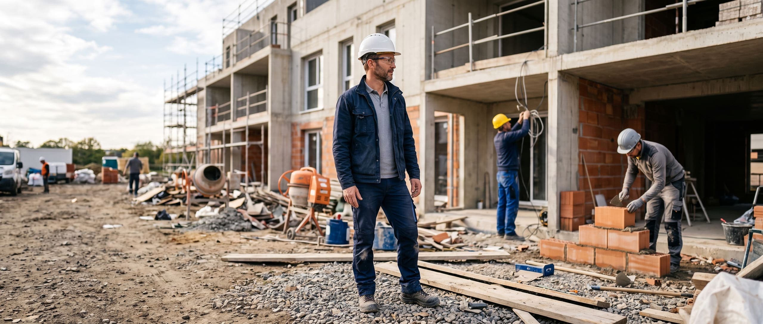 Chef d'entreprise générale du bâtiment observant un chantier, ouvriers électricien et maçon au travail à l'arrière-plan