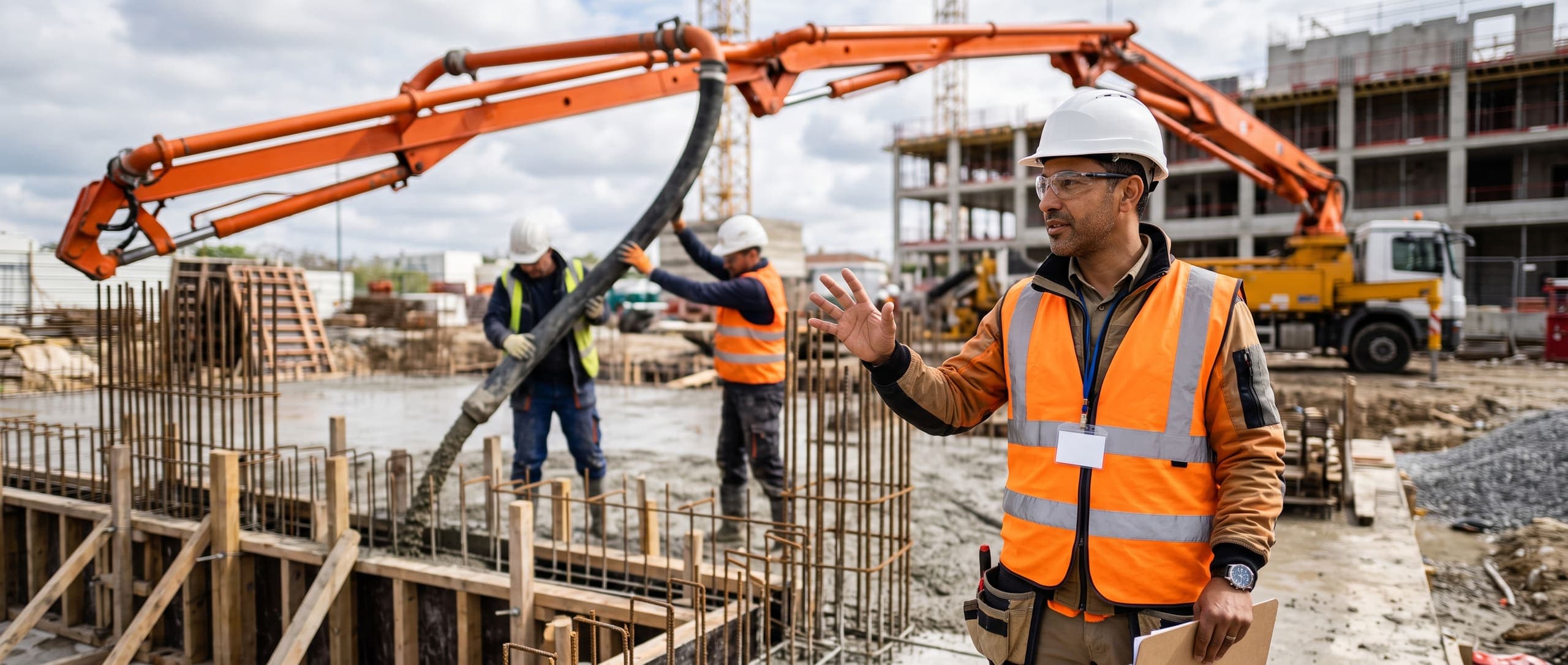 Chef de chantier gros œuvre supervisant un coulage de béton avec pompe, ouvriers guidant le tuyau vers le coffrage ferraillé