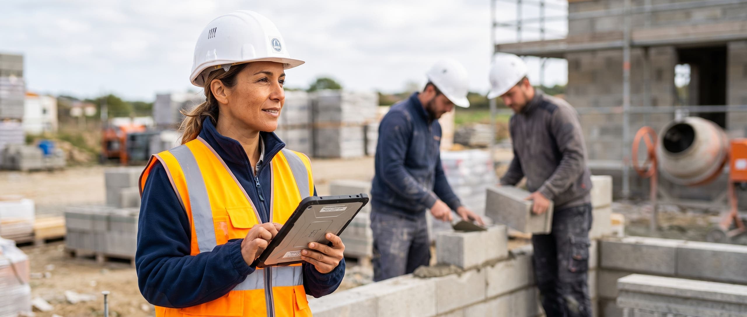 Cheffe d'entreprise de maçonnerie supervisant une équipe posant des blocs de béton sur un chantier, tablette à la main