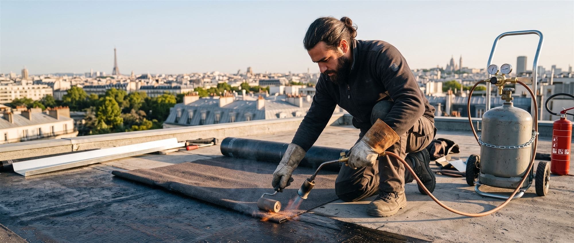 Étancheur soudant au chalumeau une membrane bitumineuse sur une toiture terrasse