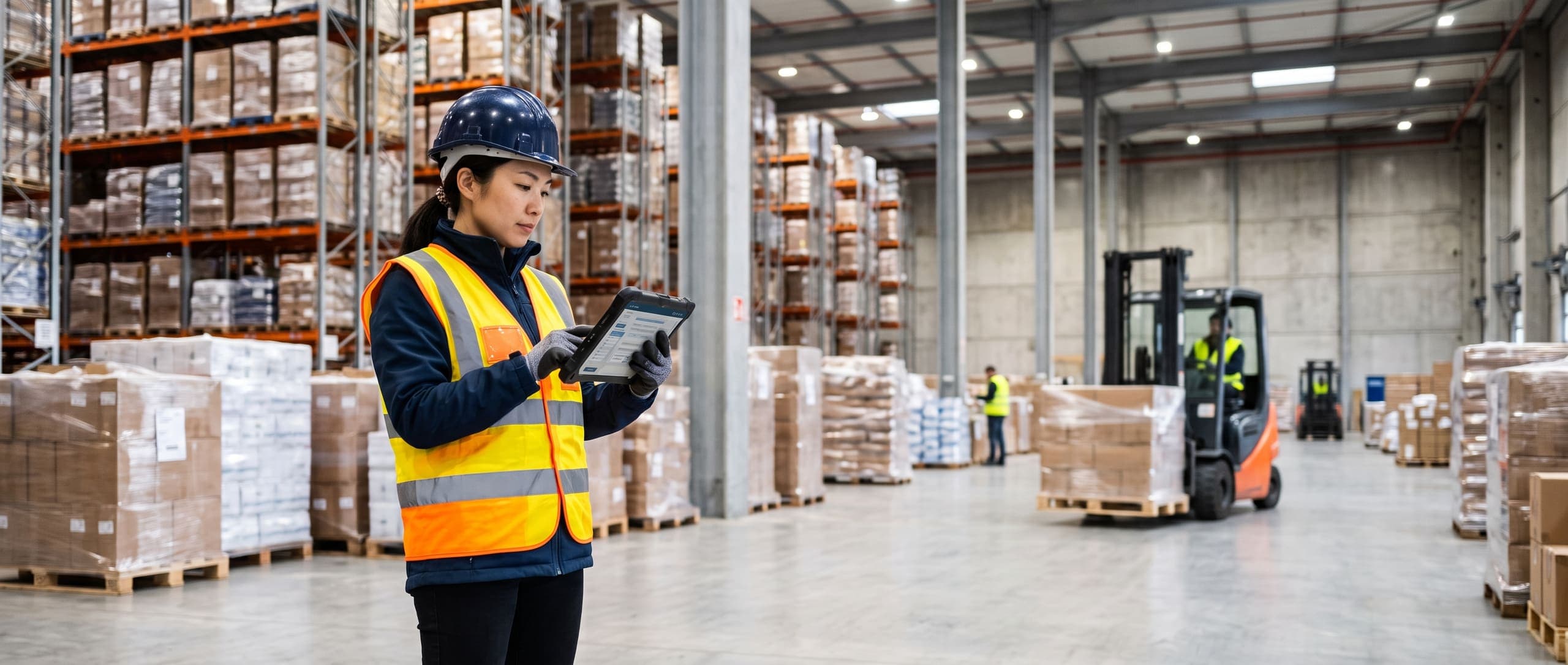 Exploitante d'entrepôt consultant une tablette de gestion des stocks devant de hautes racks à palettes, chariot élévateur en mouvement à l'arrière-plan