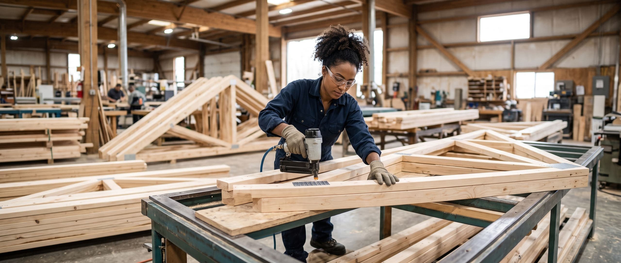 Fabricante clouant les connecteurs métalliques d'une ferme de charpente en bois sur table de fabrication, autres fermes assemblées à l'arrière-plan