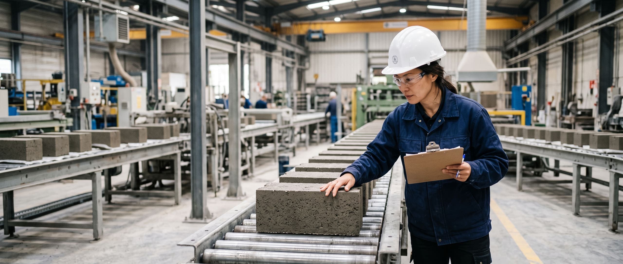 Fabricante contrôlant des blocs de béton fraîchement moulés sur une ligne de production, atelier industriel à l'arrière-plan