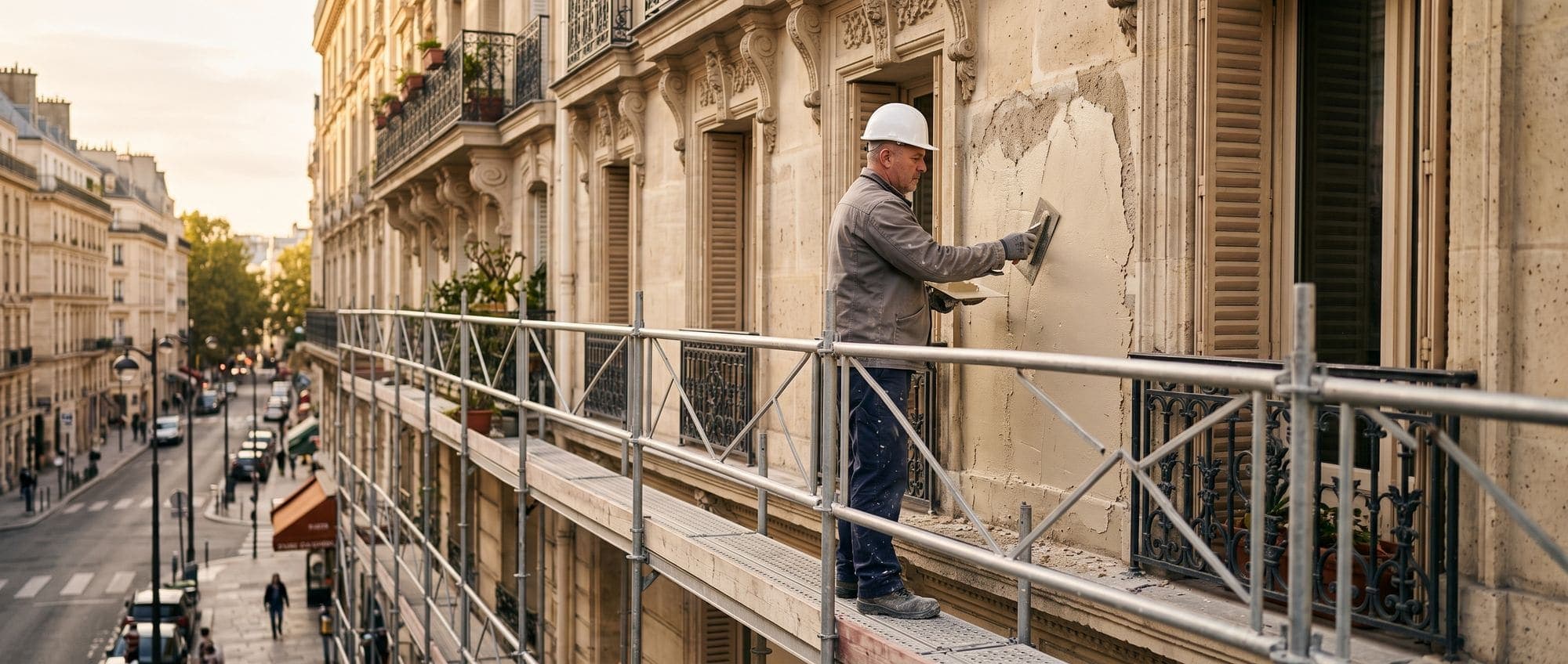 Façadier appliquant un enduit sur une façade en pierre depuis un échafaudage