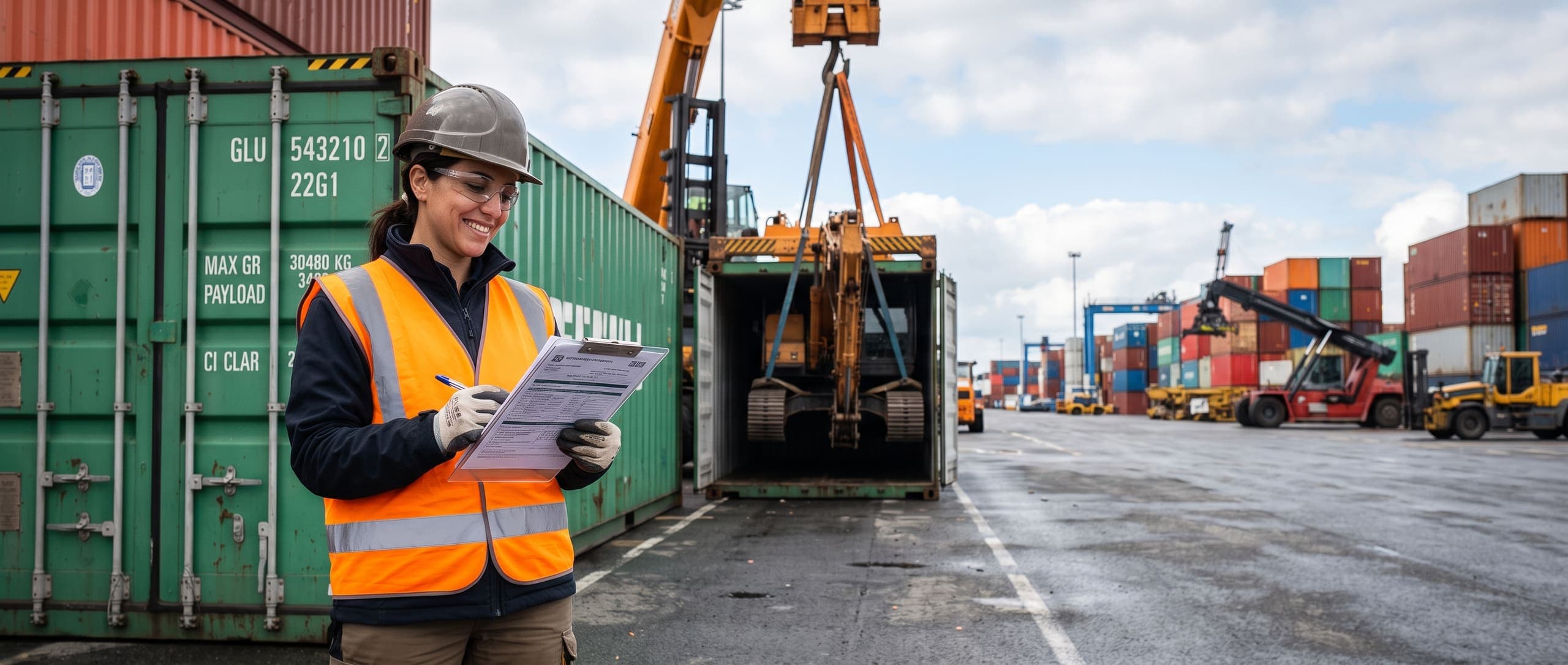Responsable export contrôlant les documents d'expédition devant un conteneur en cours de chargement d'engins de chantier, terminal portuaire à l'arrière-plan