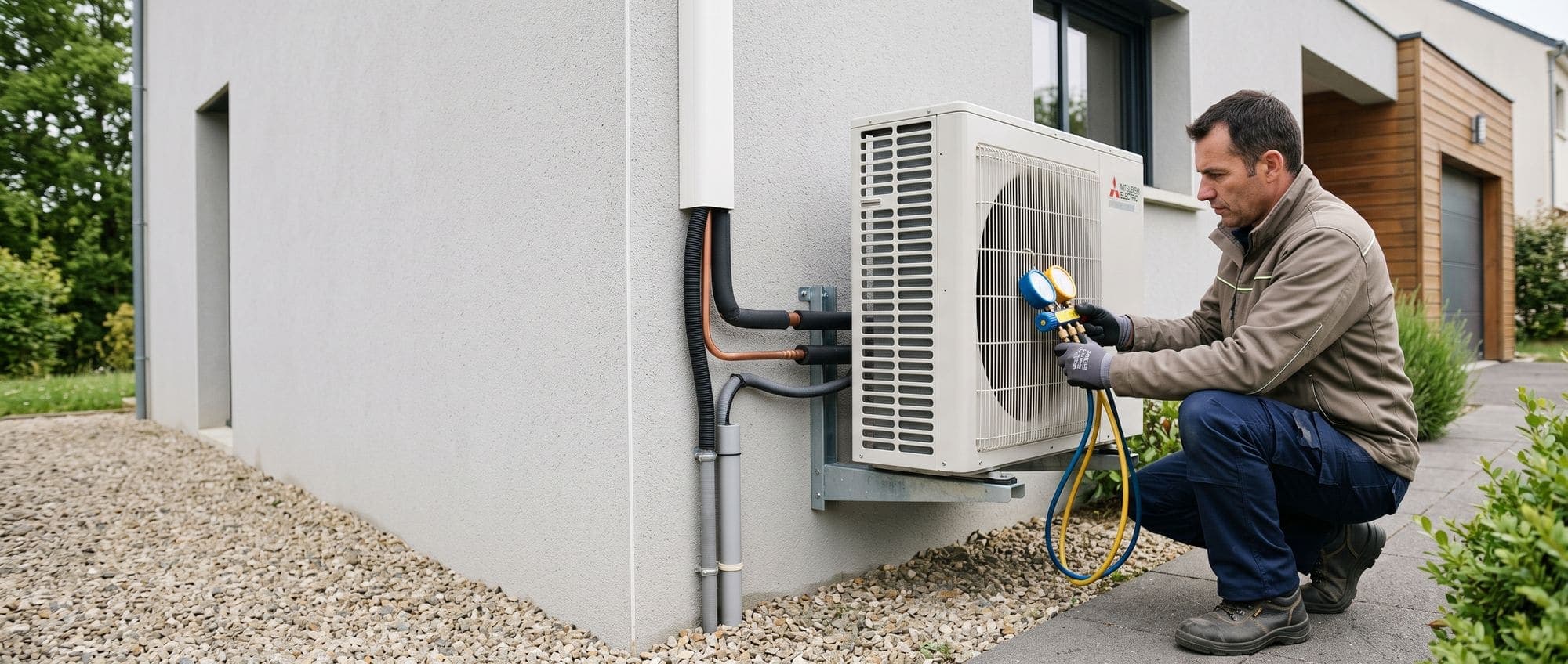 Installateur CVC raccordant le groupe extérieur d'une pompe à chaleur avec une station de manomètres
