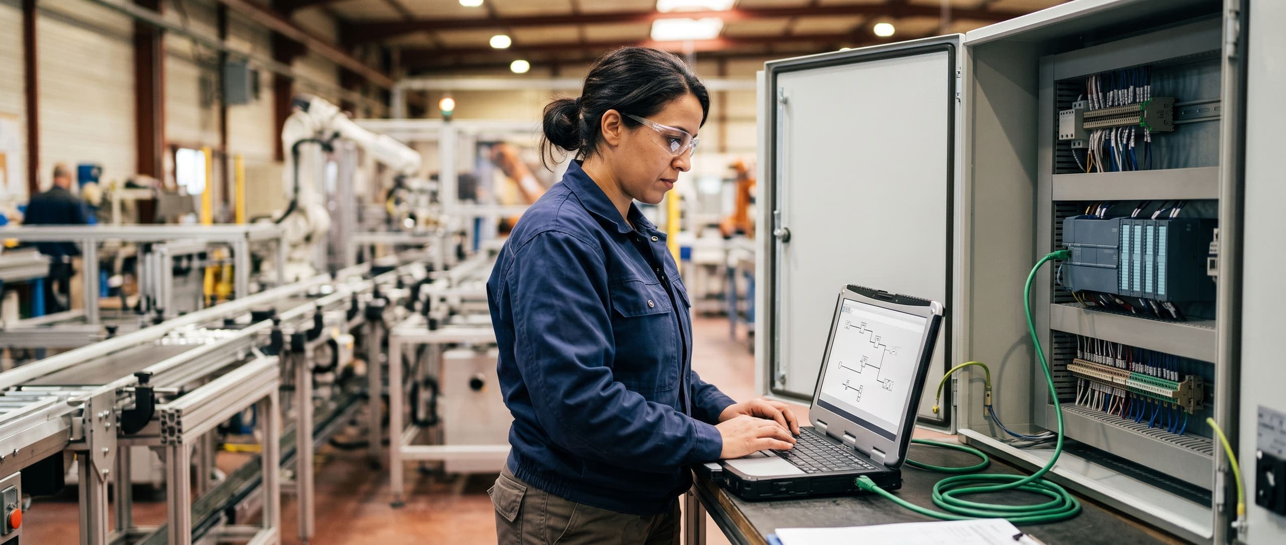 Technicienne programmant un automate industriel depuis un ordinateur portable connecté à une armoire de commande, en usine