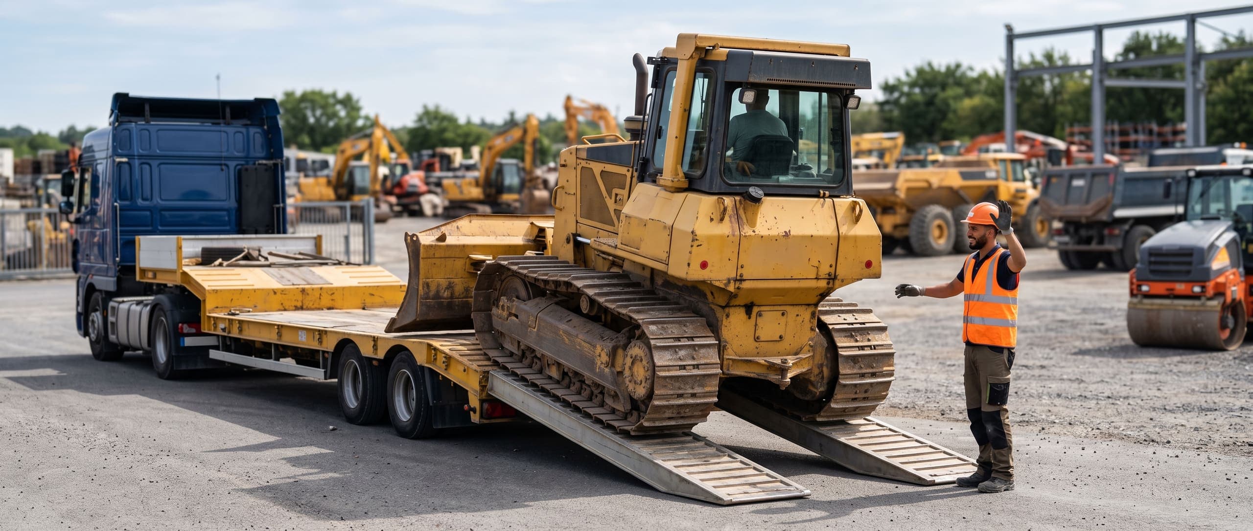Loueur guidant par gestes le chargement d'un bulldozer sur une remorque surbaissée, autres engins de terrassement visibles dans le parc de location à l'arrière-plan