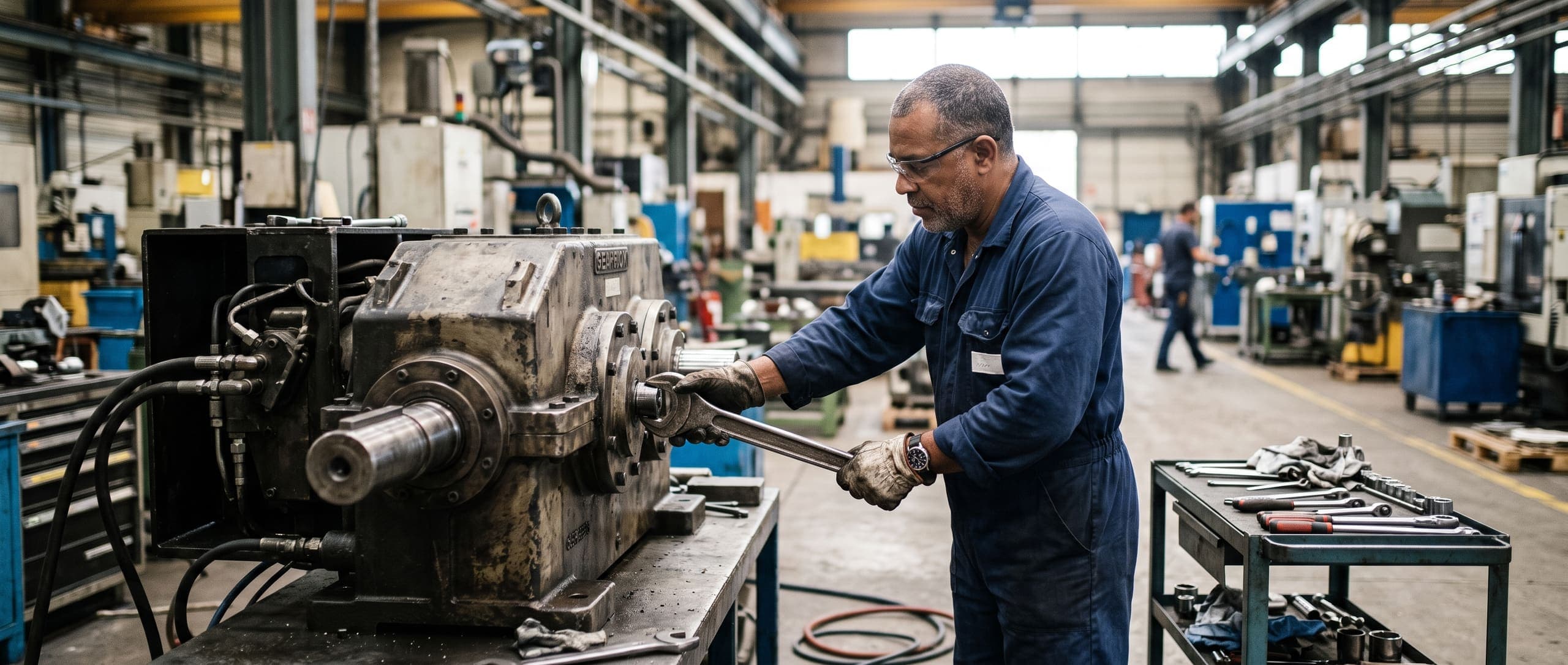 Technicien de maintenance industrielle réparant un réducteur mécanique à la clé plate dans un atelier de production