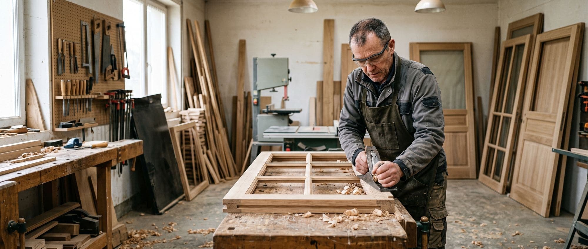 Menuisier ajustant un assemblage de fenêtre en bois au rabot dans un atelier