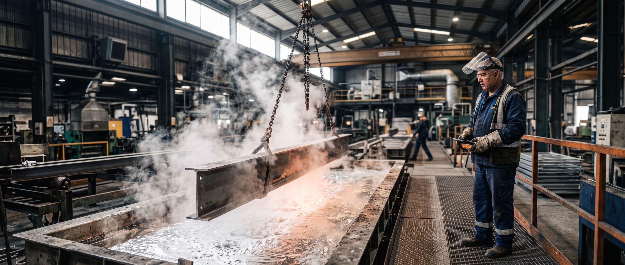 Opérateur supervisant la descente d'une structure en acier dans un bain de galvanisation à chaud, vapeurs de zinc en fusion