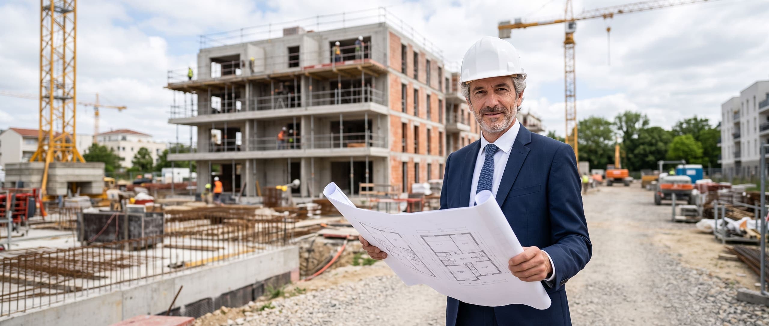 Promoteur immobilier en costume et casque examinant des plans devant un programme immobilier en construction, grue à l'arrière-plan