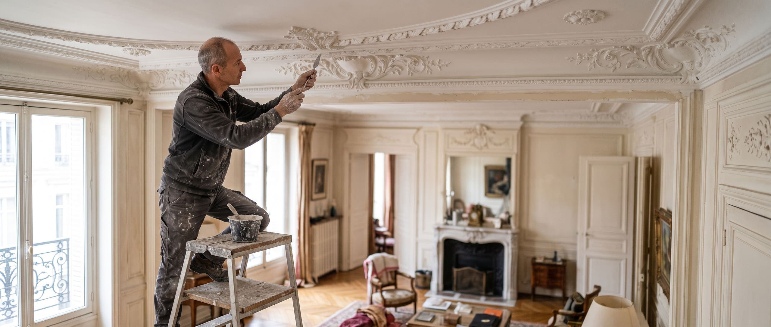 Staffeur-ornemaniste restaurant une corniche en staff ouvragée au plafond d'un appartement parisien ancien