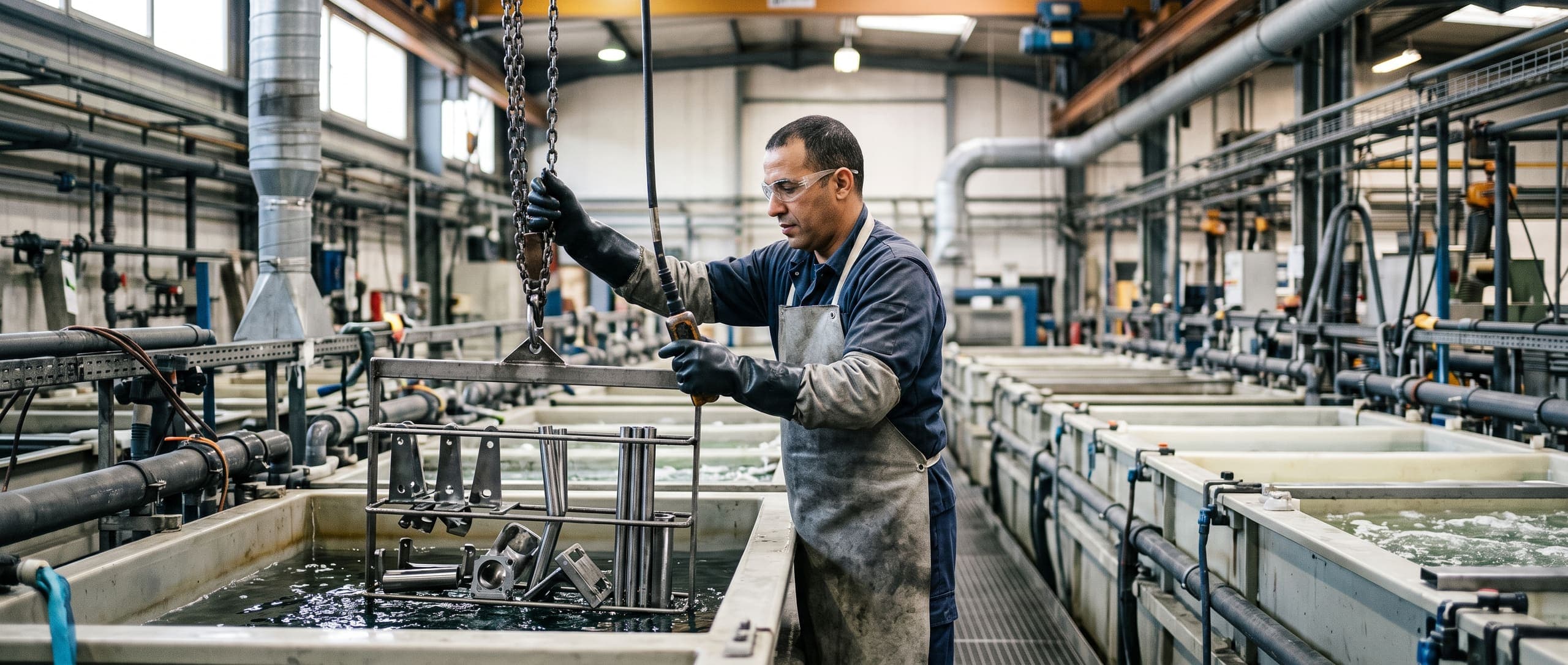 Opérateur immergeant un panier de pièces métalliques dans un bain de traitement de surface à l'aide d'un palan, atelier industriel