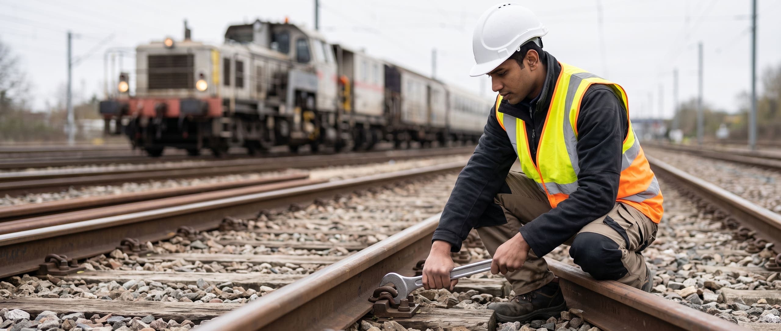 Technicien resserrant une fixation de rail à la clé sur une voie ferrée, train de maintenance à l'arrière-plan