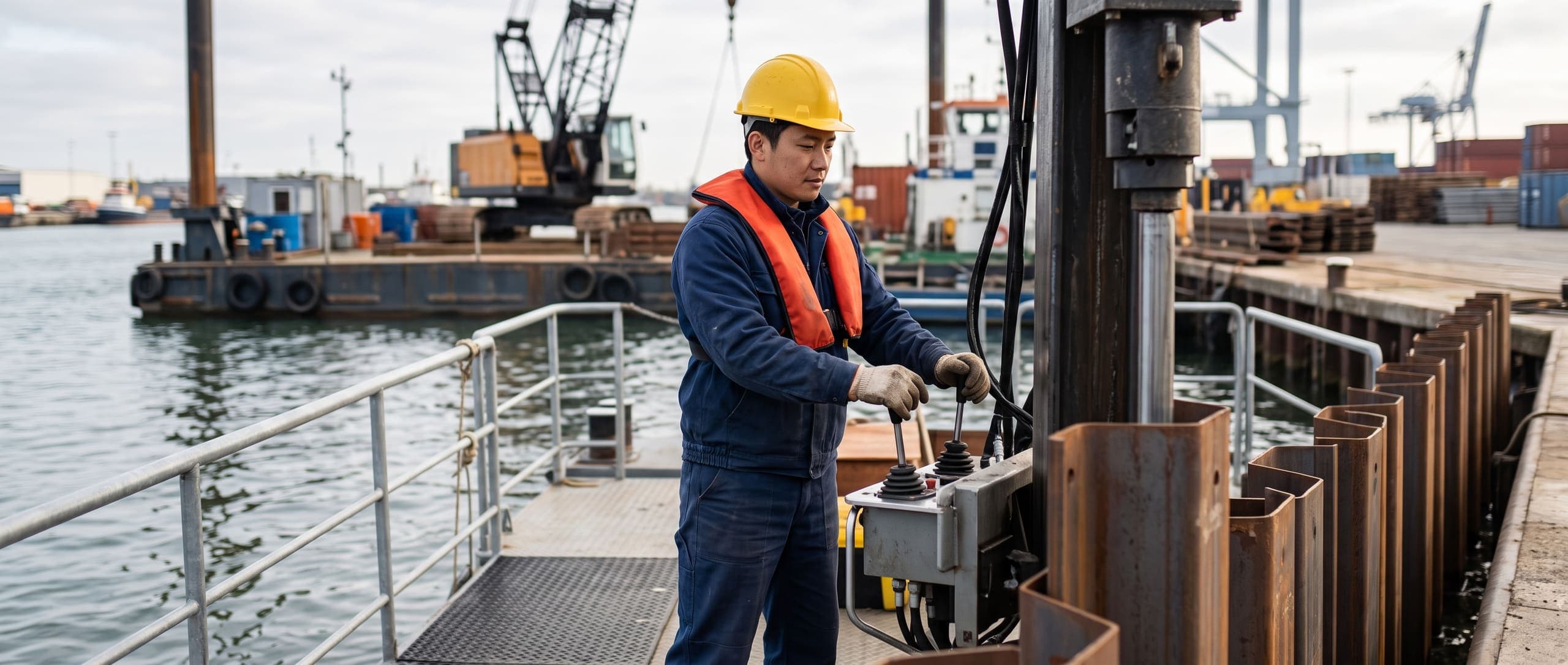 Ouvrier en gilet de sauvetage pilotant une machine de battage de palplanches depuis un ponton, grue flottante et quai portuaire à l'arrière-plan