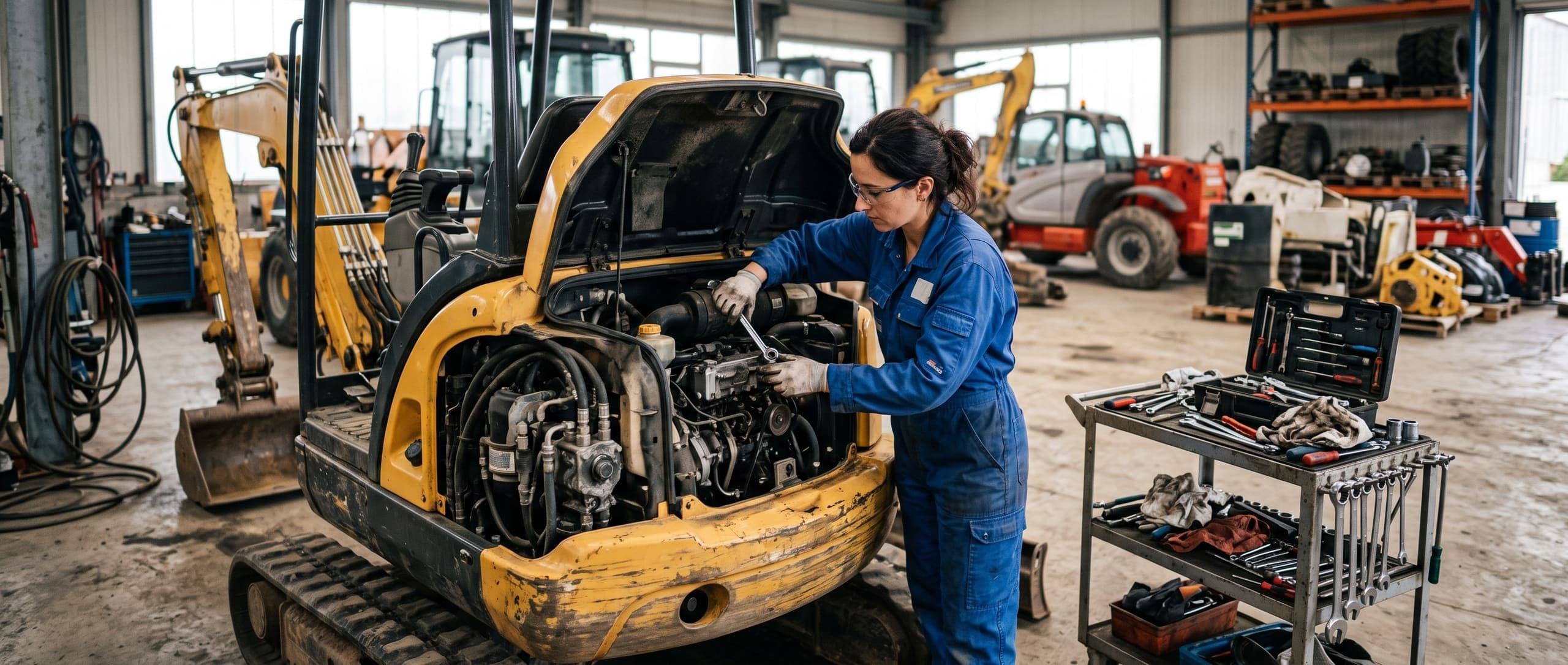 Mécanicienne effectuant l'entretien du compartiment moteur ouvert d'une mini-pelle jaune dans un atelier de réparation, autres engins visibles à l'arrière-plan