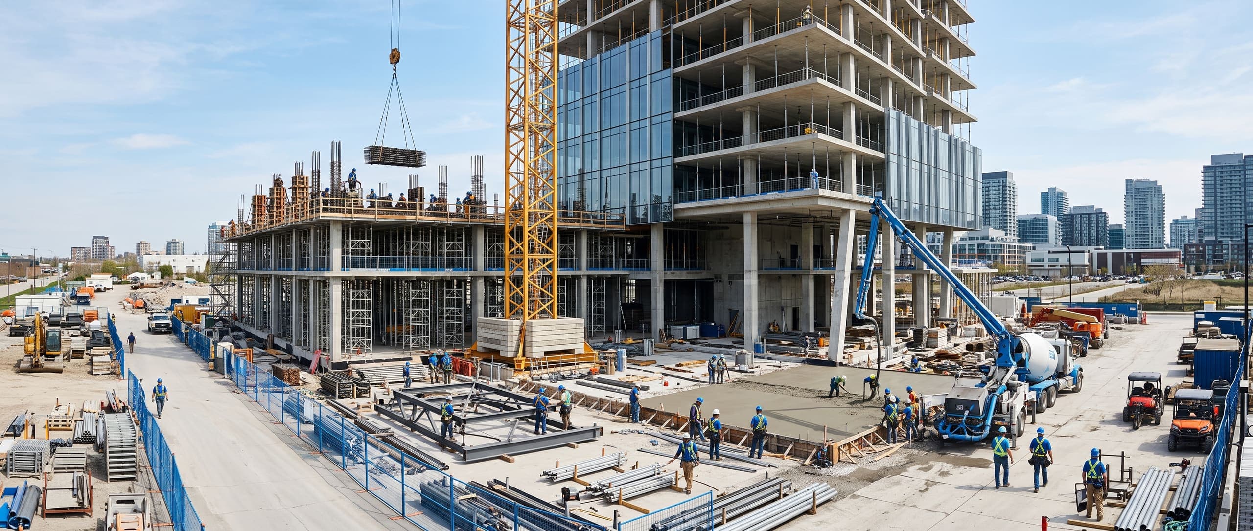 Chantier de construction d'un bâtiment commercial, plusieurs corps de métier
